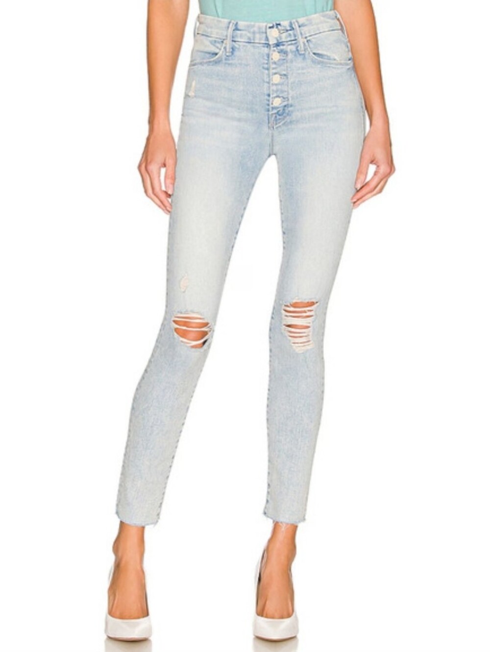 Mother The Pixie Ankle Fray in Action Shot Distressed Button Fly Raw Hem Size 27